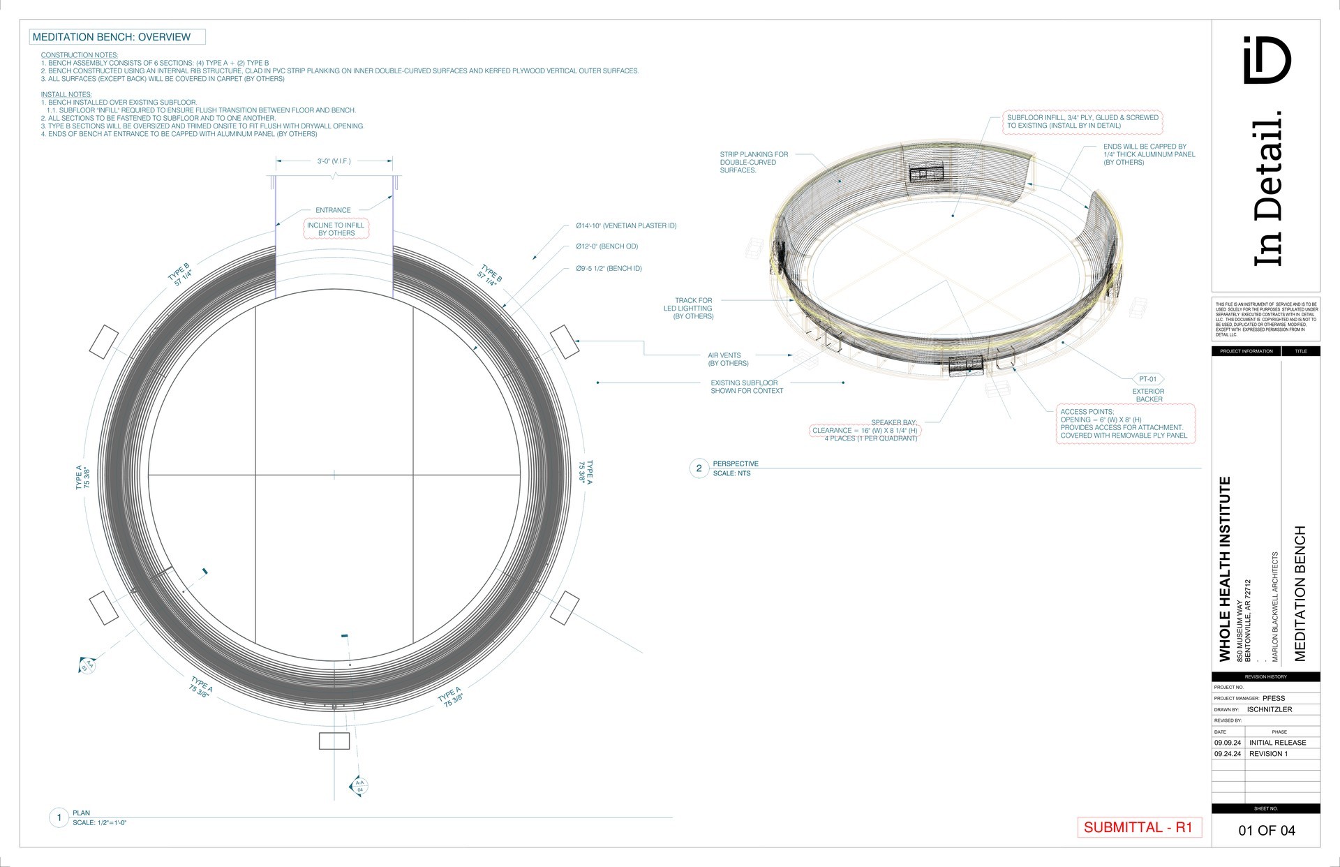 Meditation bench — sections and details shop drawing