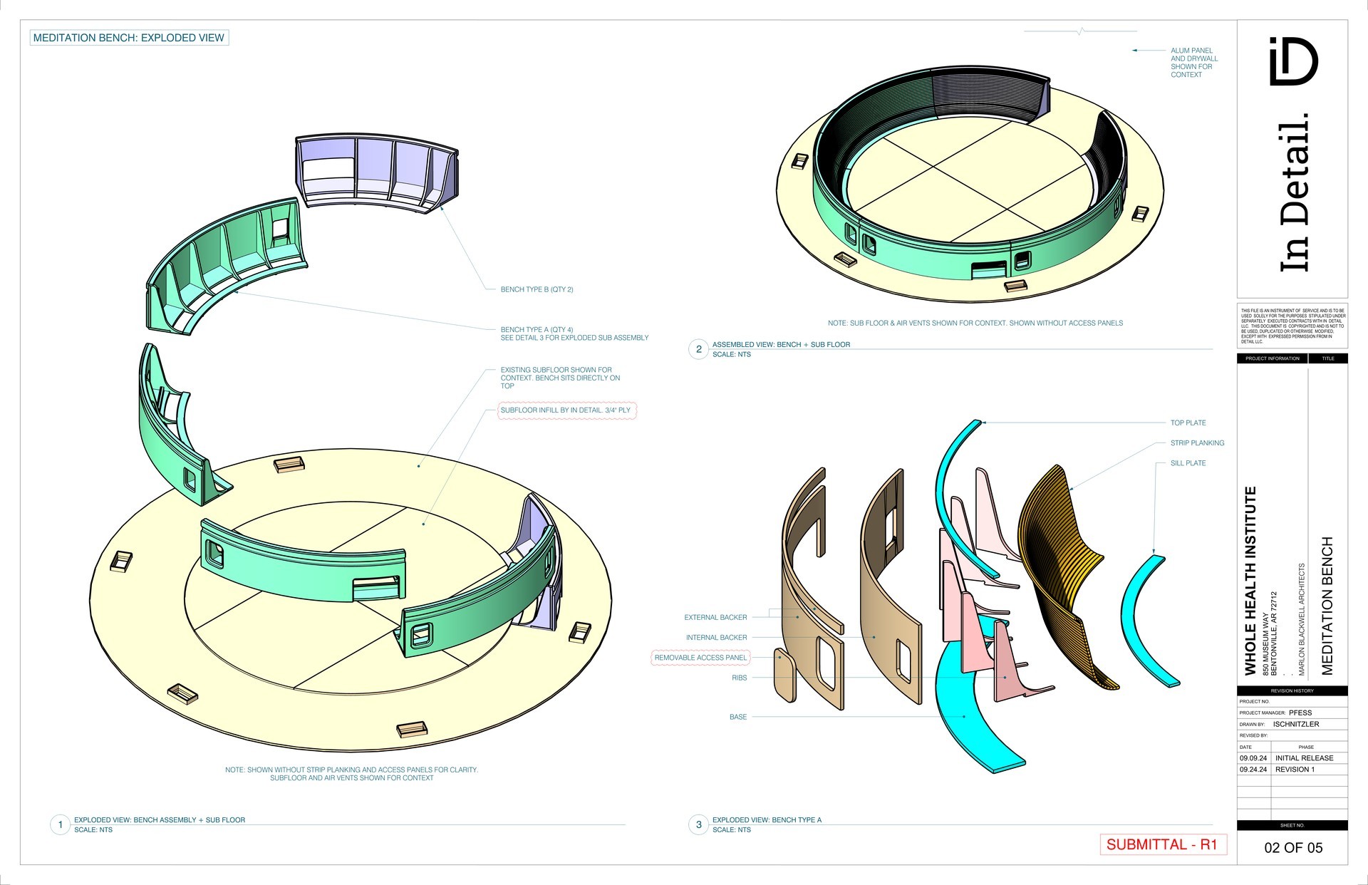 Meditation bench — exploded view shop drawing
