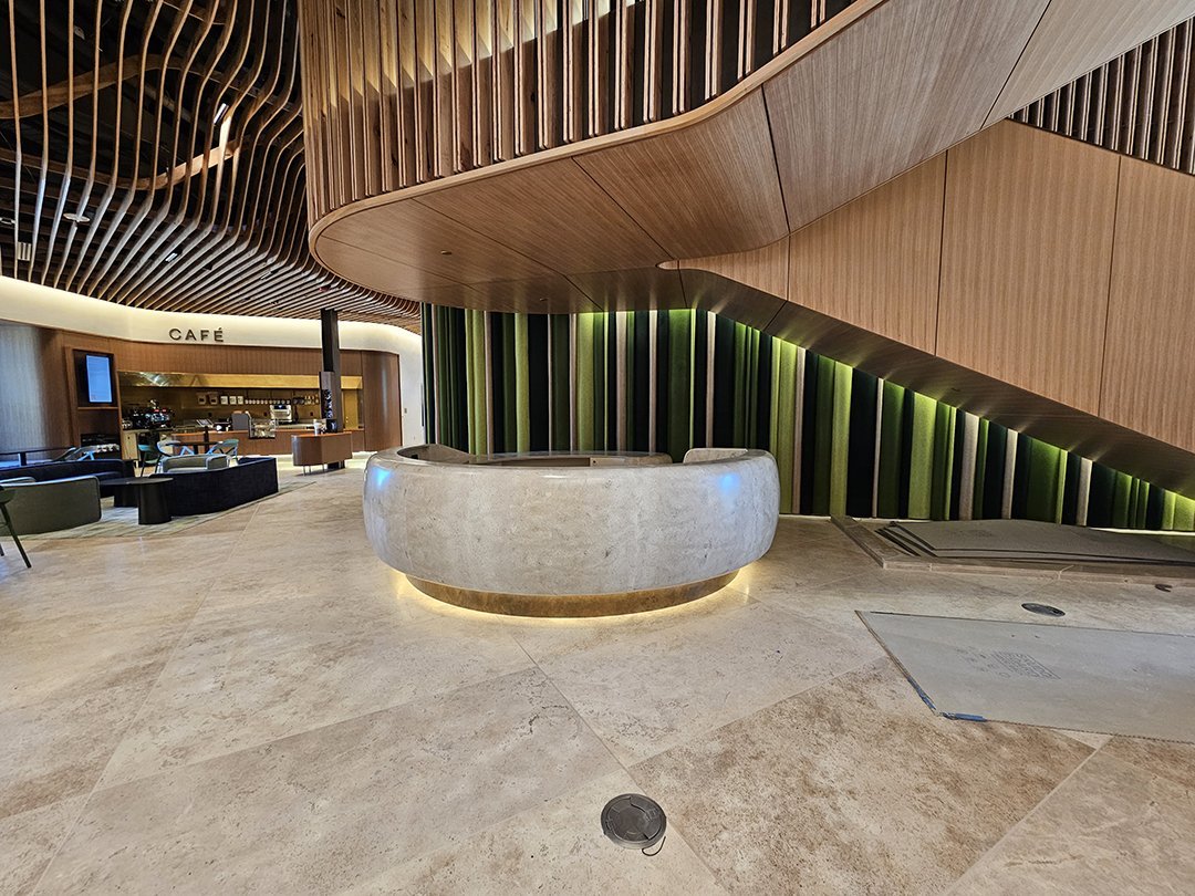 HWHI lobby reception desk — installed, Bentonville AR