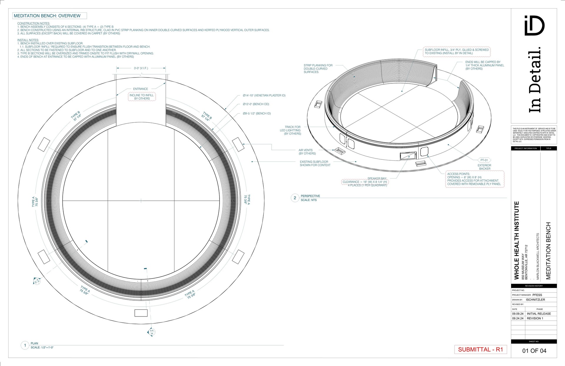 Meditation bench — plan and perspective overview drawing