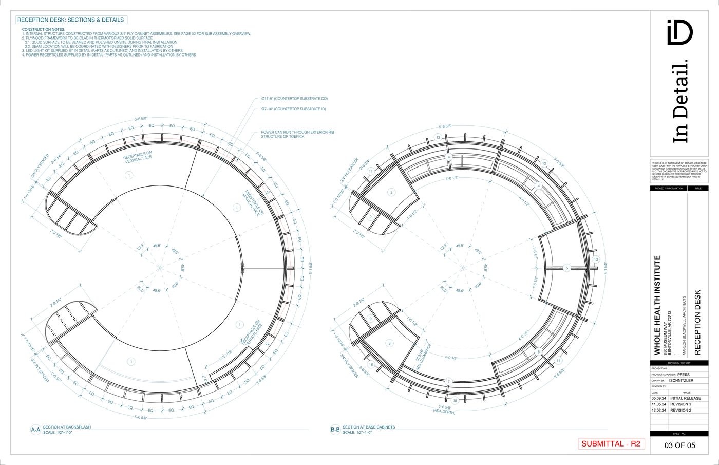 Reception desk circular plan sections drawing