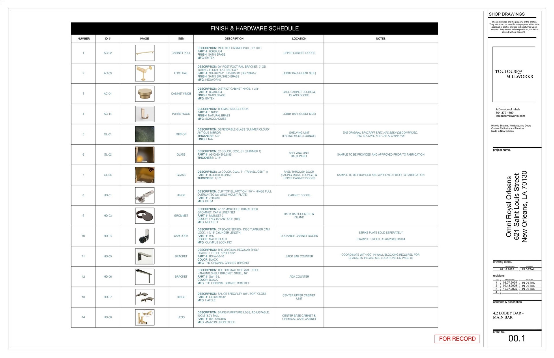 Lobby bar main bar — finish and hardware schedule shop drawing