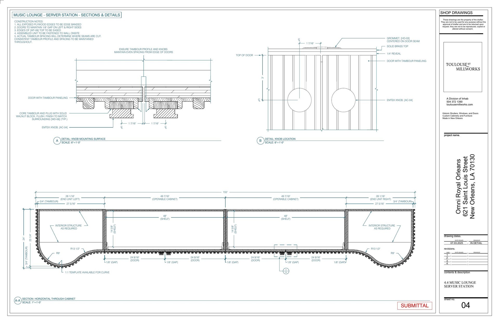 Music lounge server station — horizontal section and knob details shop drawing
