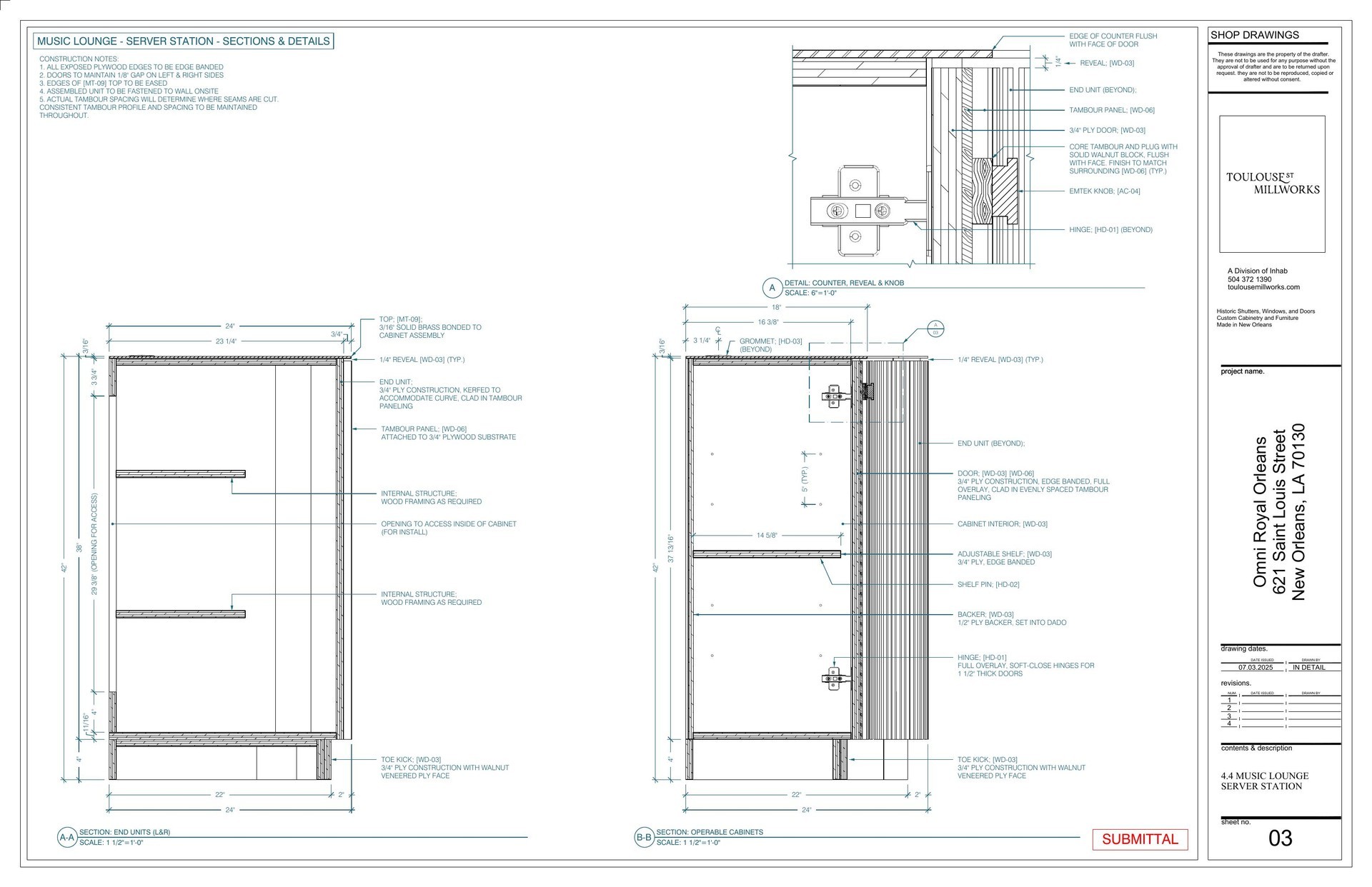 Music lounge server station — sections and details shop drawing