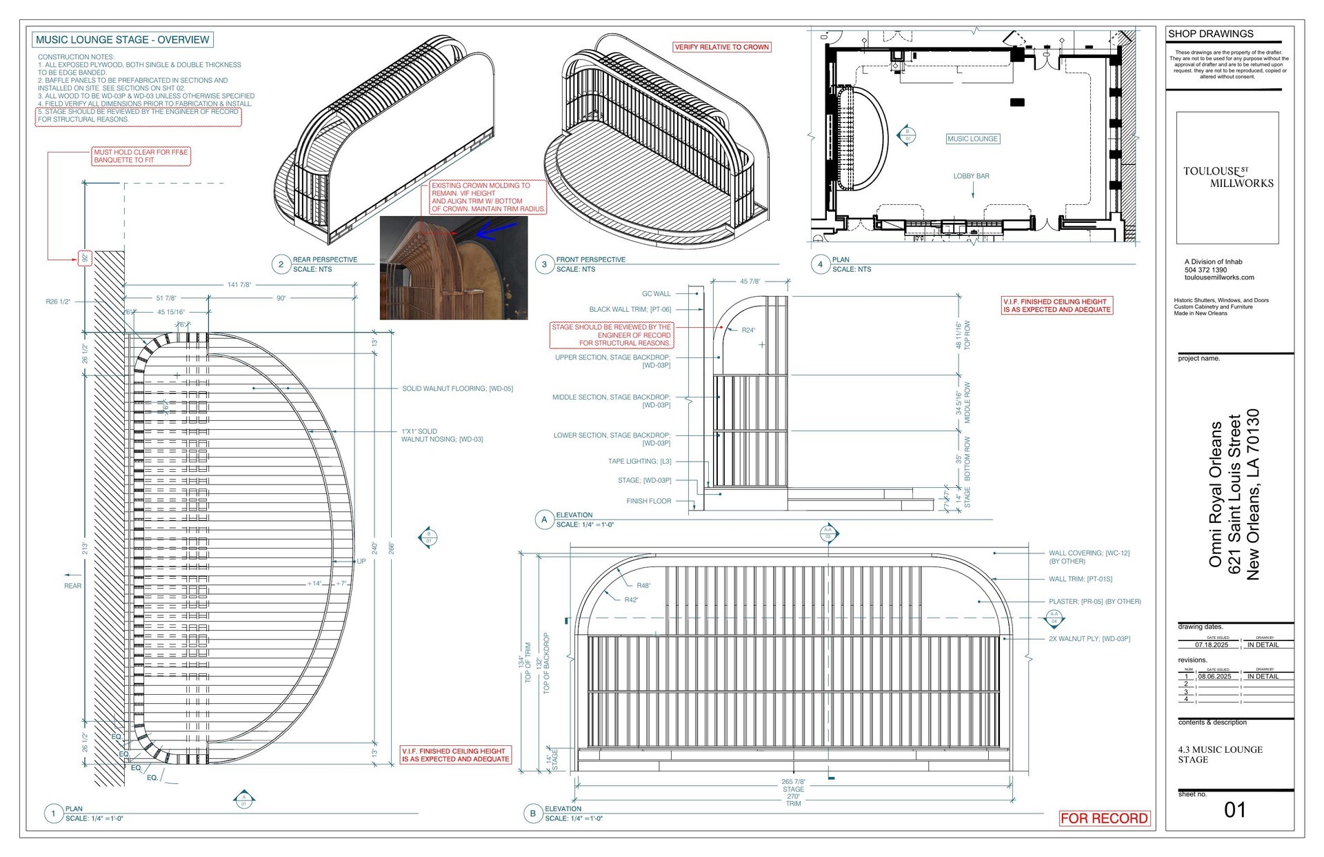 Music lounge stage — overview plan, perspectives and elevation shop drawing