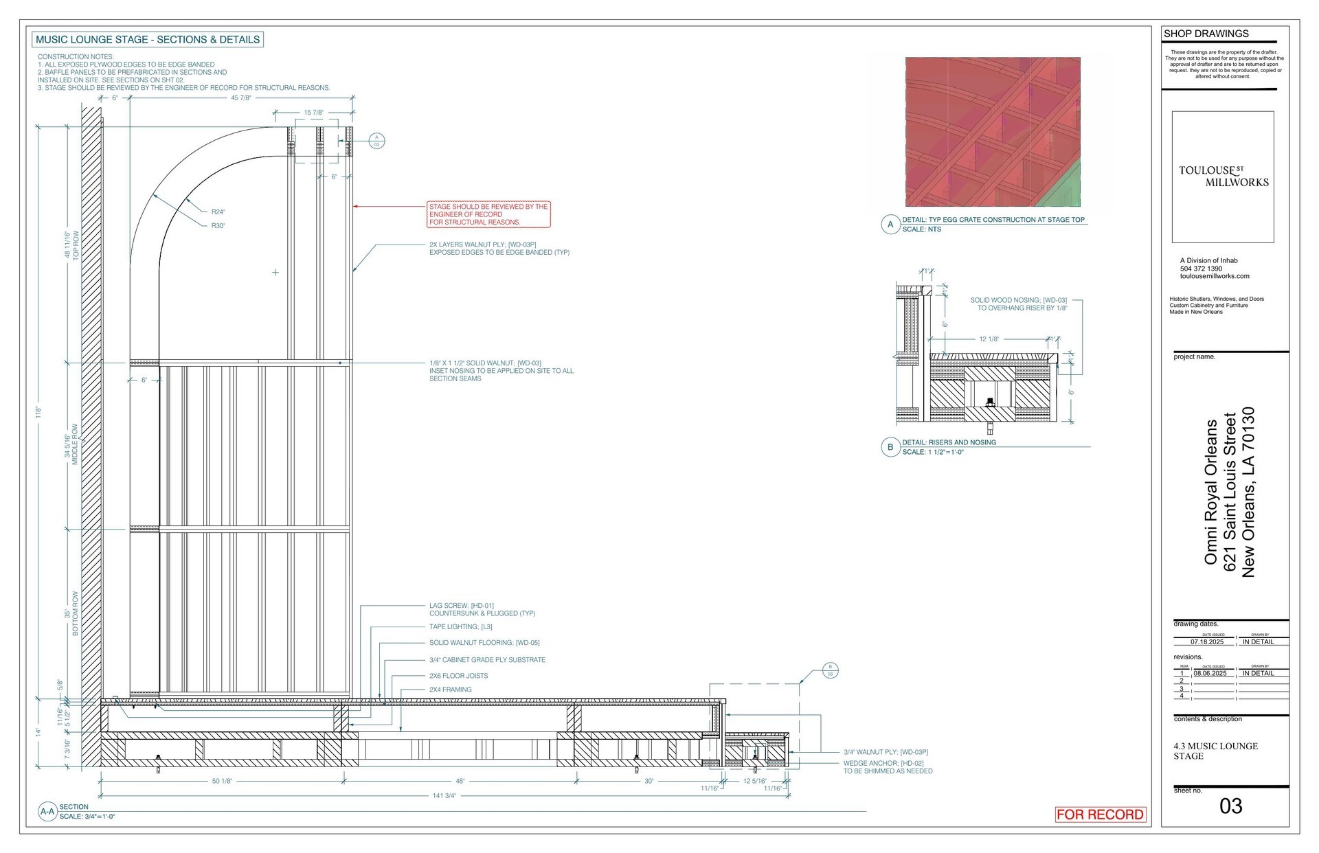 Music lounge stage — sections and details shop drawing