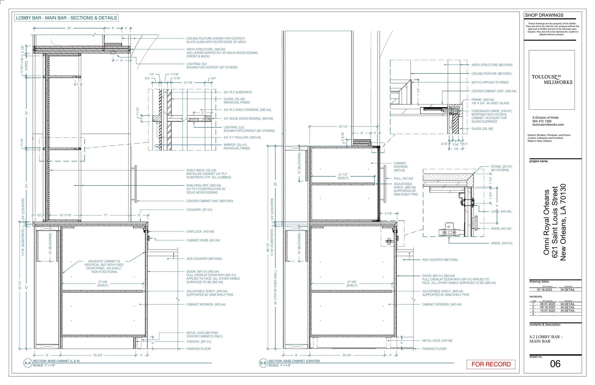 Lobby bar main bar — base cabinet sections and details shop drawing