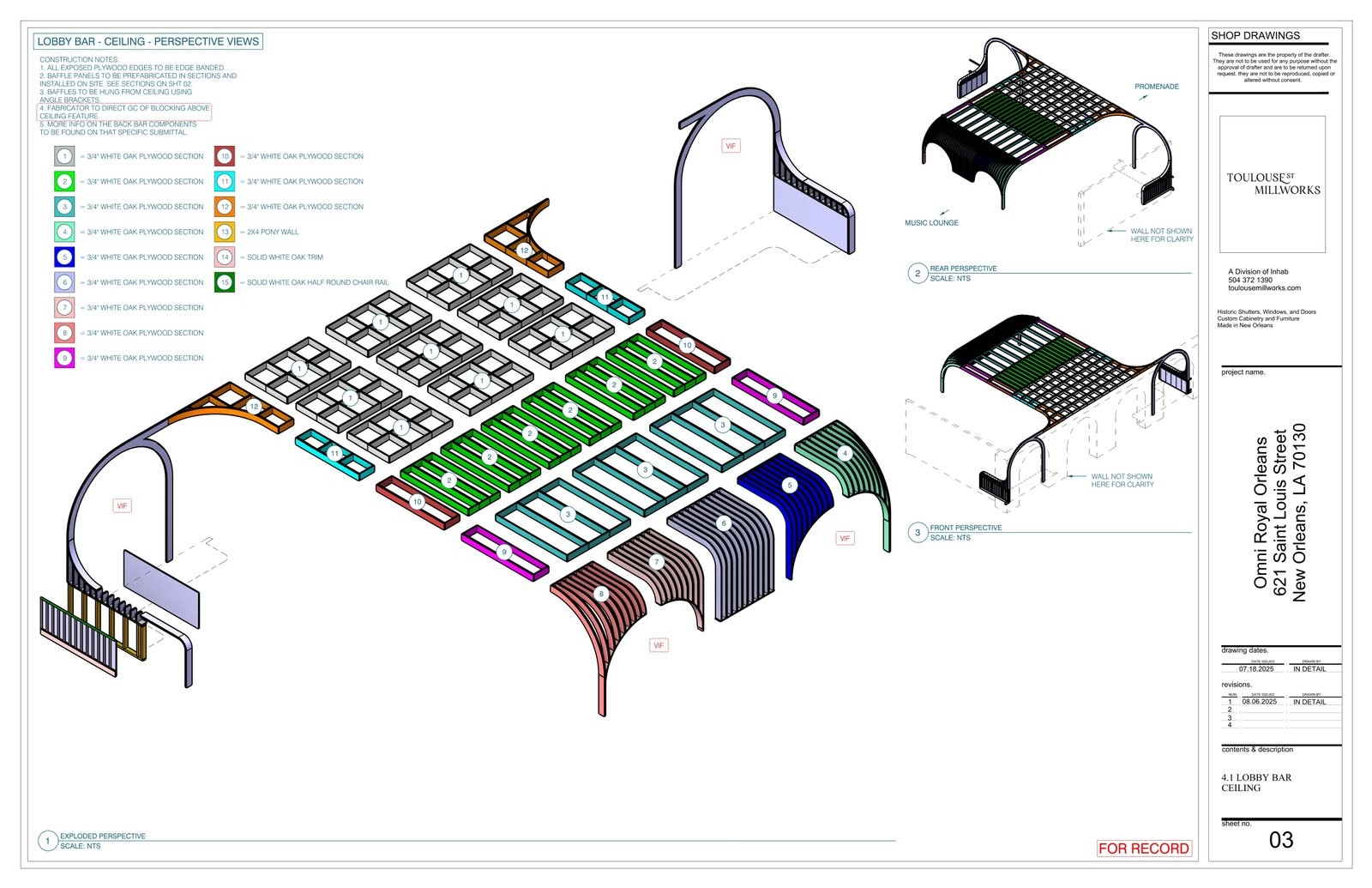Lobby bar ceiling — exploded perspective shop drawing of curved baffle system