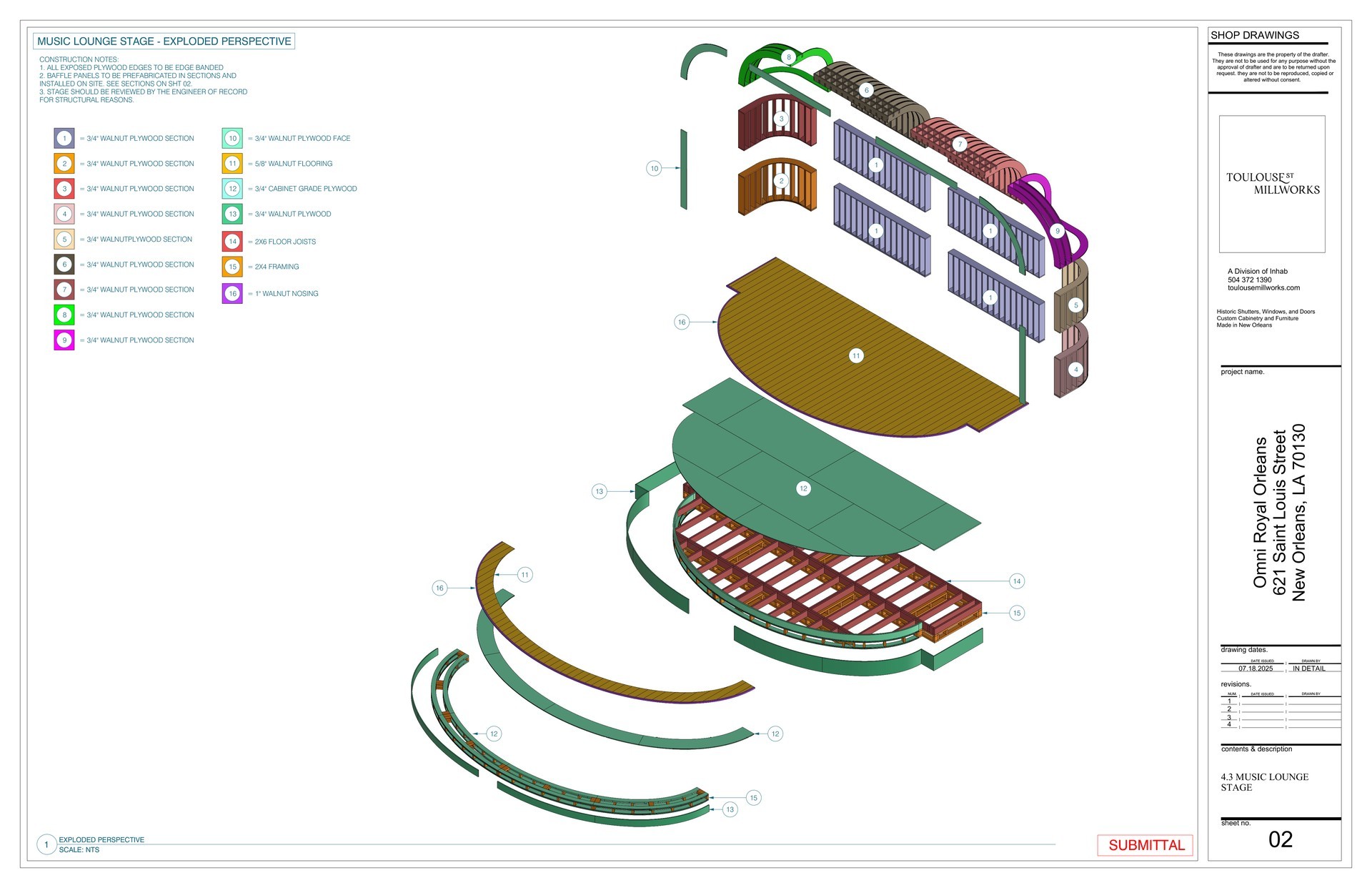 Music lounge stage — exploded perspective shop drawing