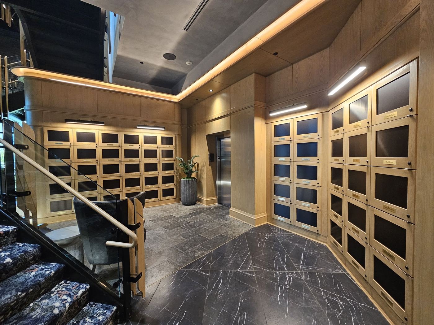 Ruth’s Chris aged mirrors and brass shelving
