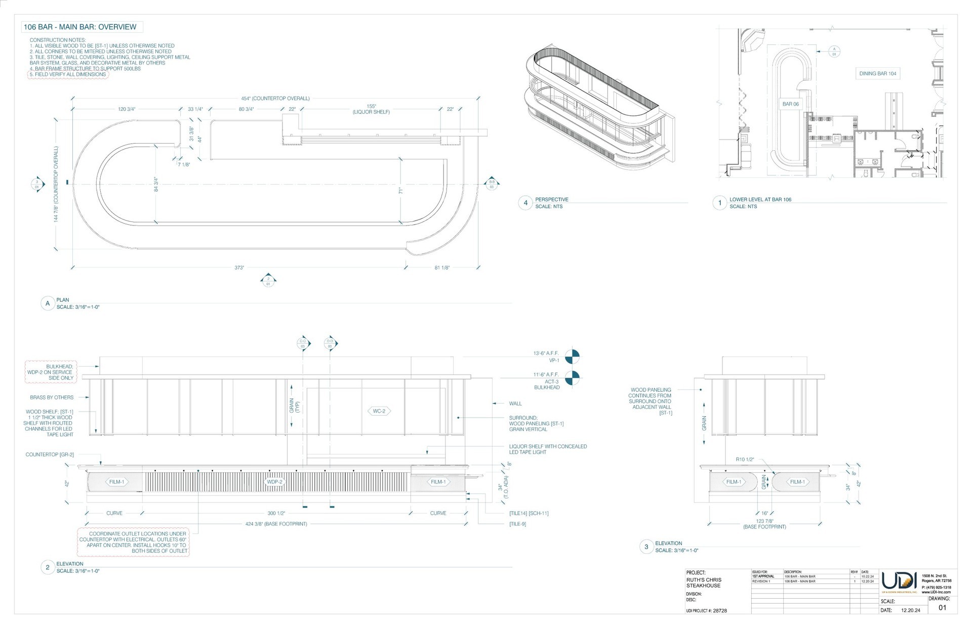 Main bar — plan, perspectives and elevation shop drawing