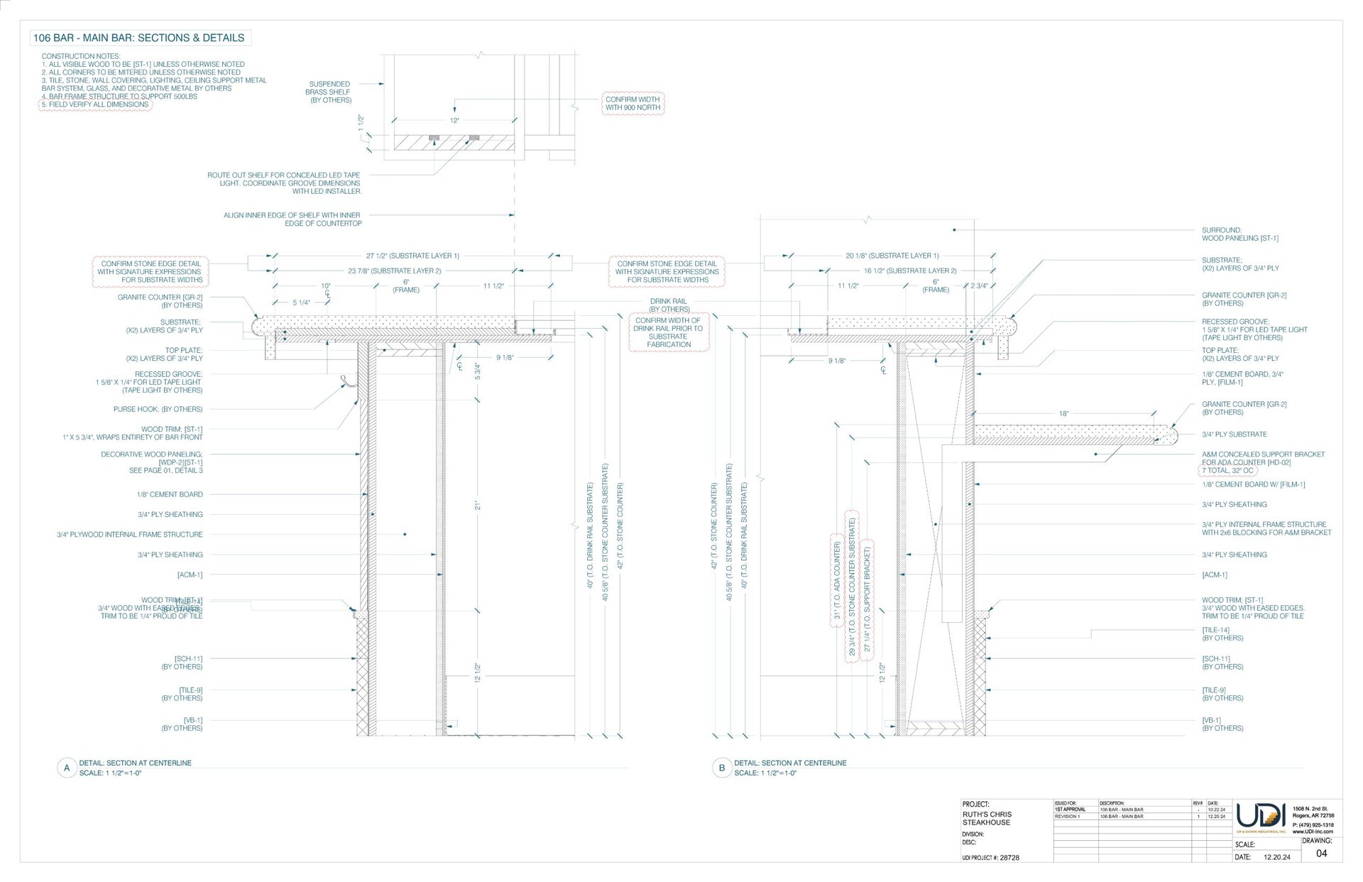 Main bar — sections and details shop drawing